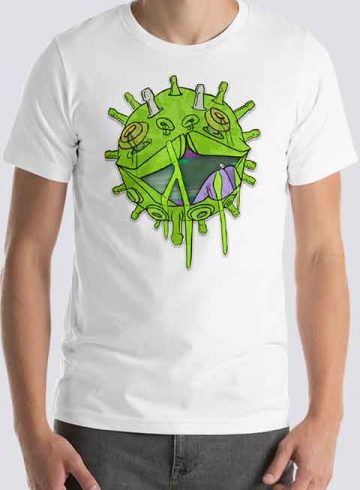 Man wearing coronavirus charity t-shirt at Printdub
