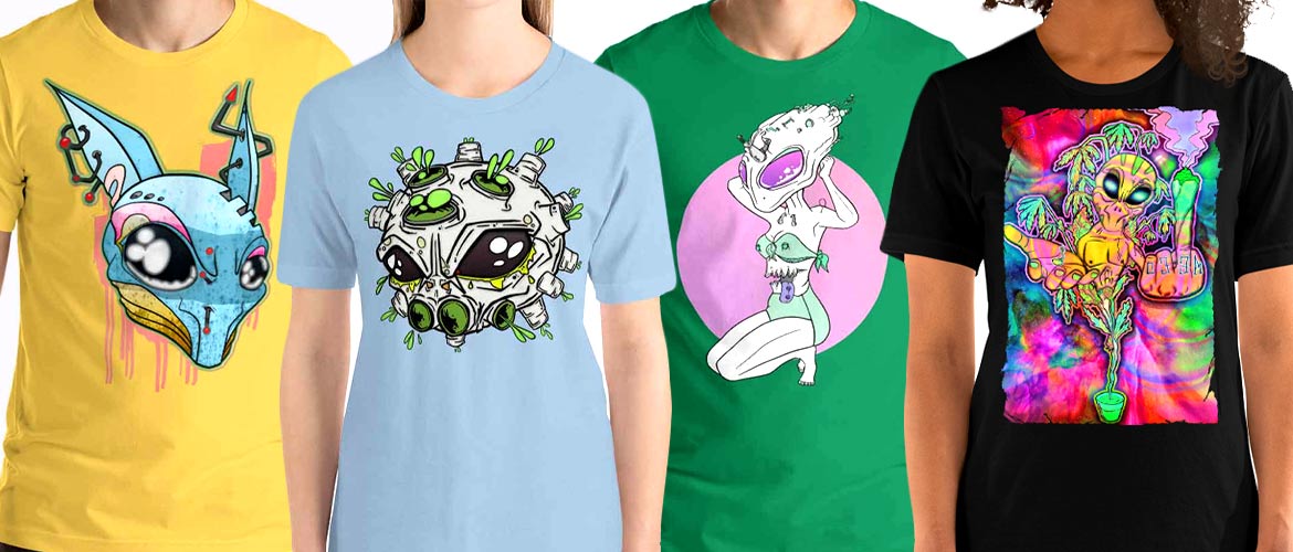 A selection of Alien T-Shirts available in many colours and sizes for men, women and everyone inbetween